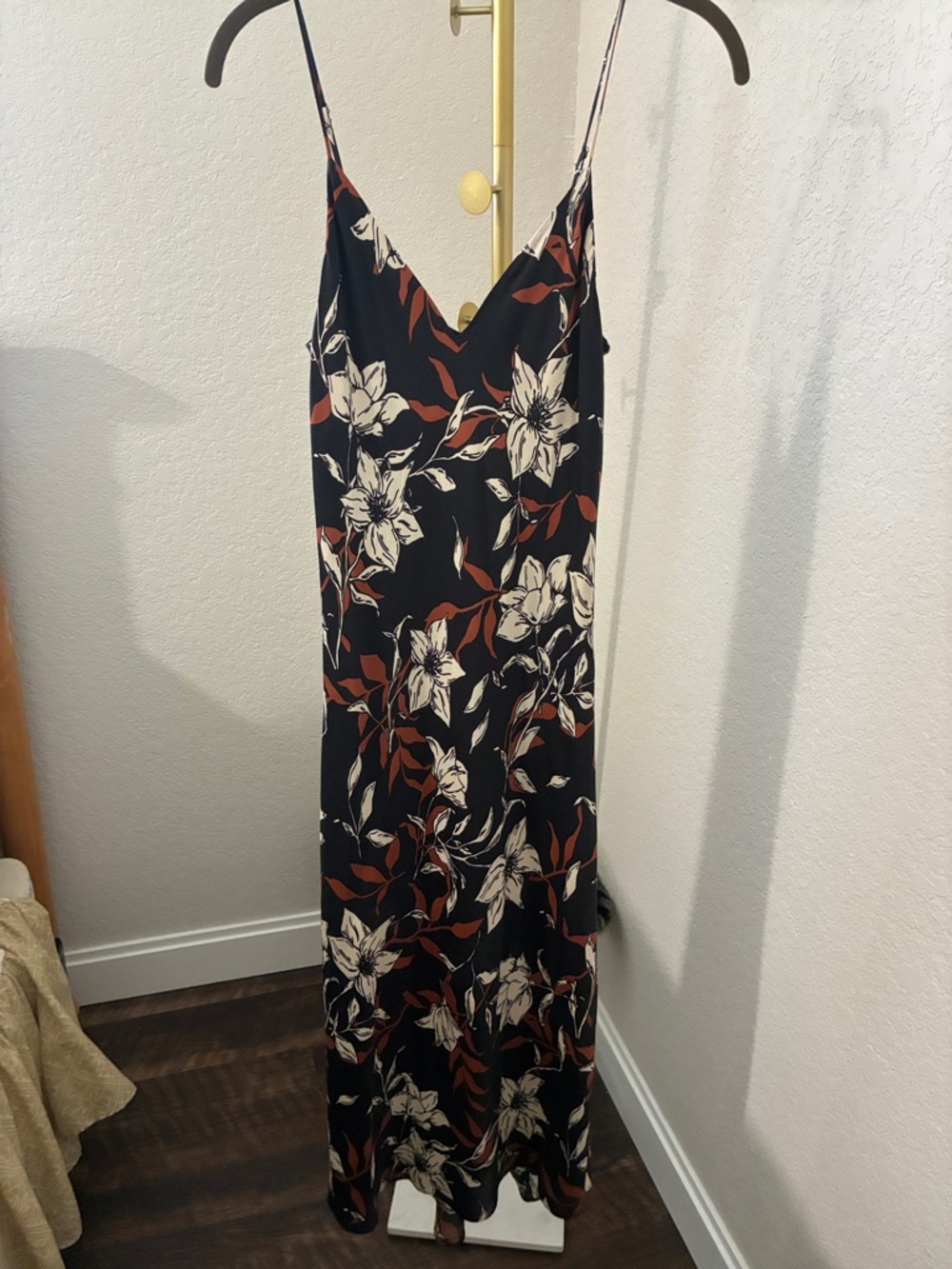 rag & bone Black Floral Slip Midi with Cream Blooms and Rust Leaves